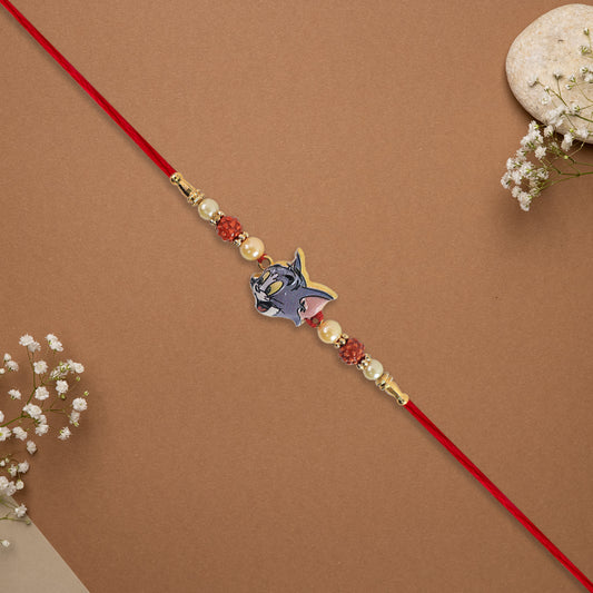 Cute Tom Character Rakhi With Rudraksha Pearl Beads On Red Thread