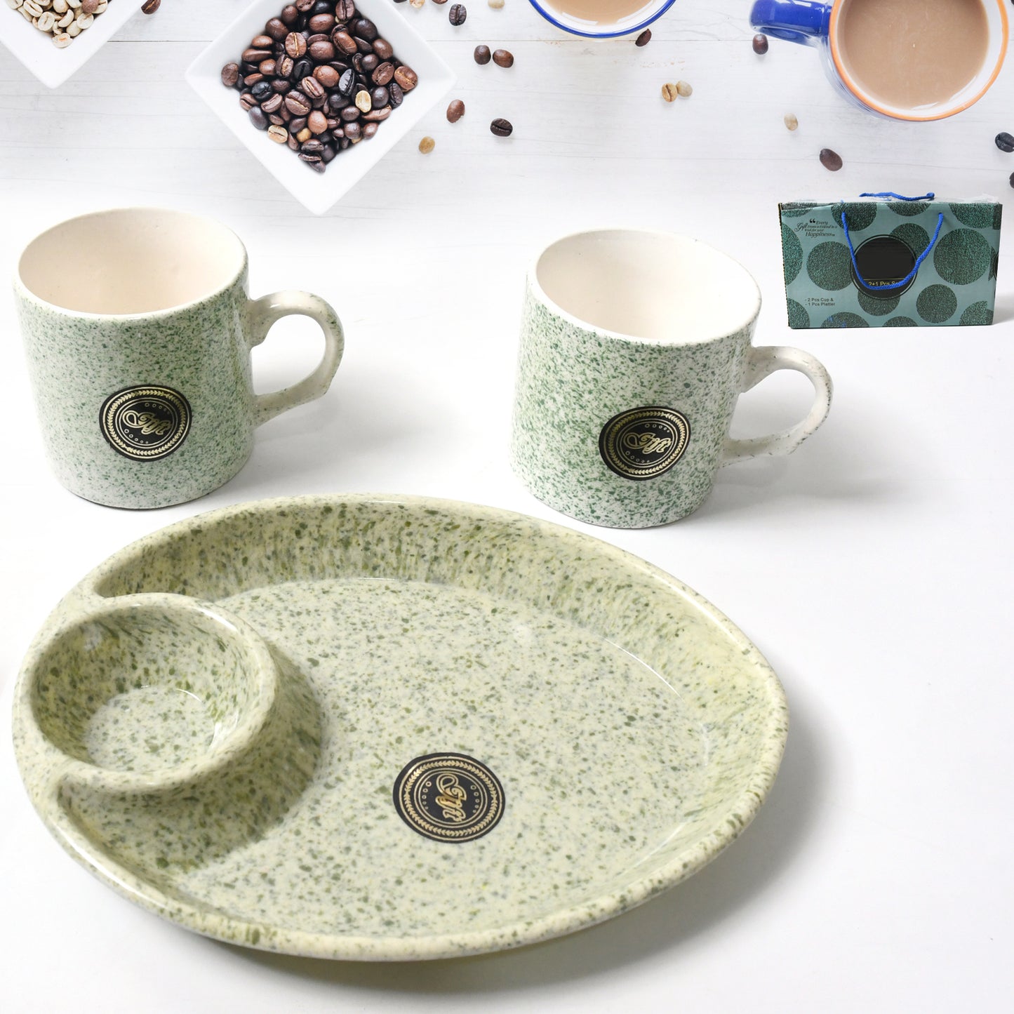 8227 Alpino Ceramic Tea Cups Set With Plastic Serving 2 Compartment Platter Milk Cup Mug Coffee Cup Tea Cup Bpa Free Food Grade Or Outdoor For Household Gift For Birthday (3 Pcs Set)