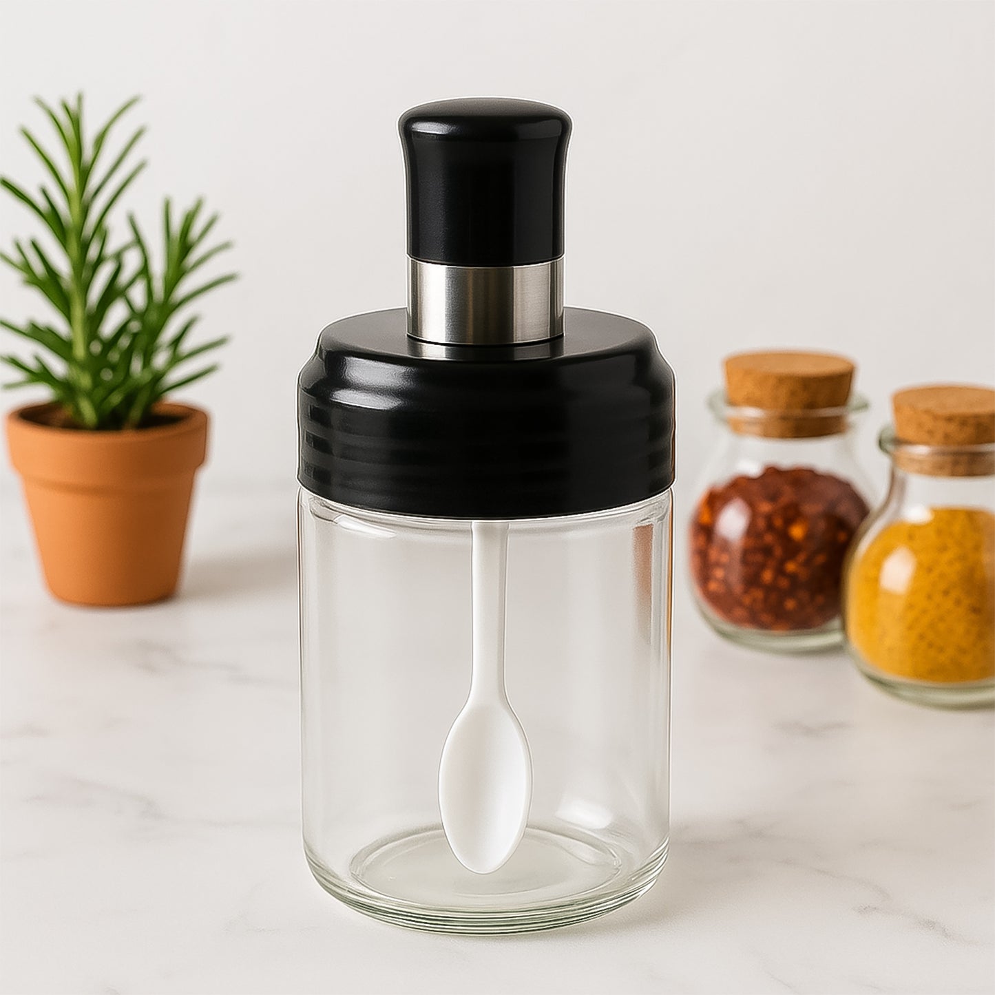 Clear Glass Spice Jar With Integrated Spoon Airtight Lid (250ml Approx)