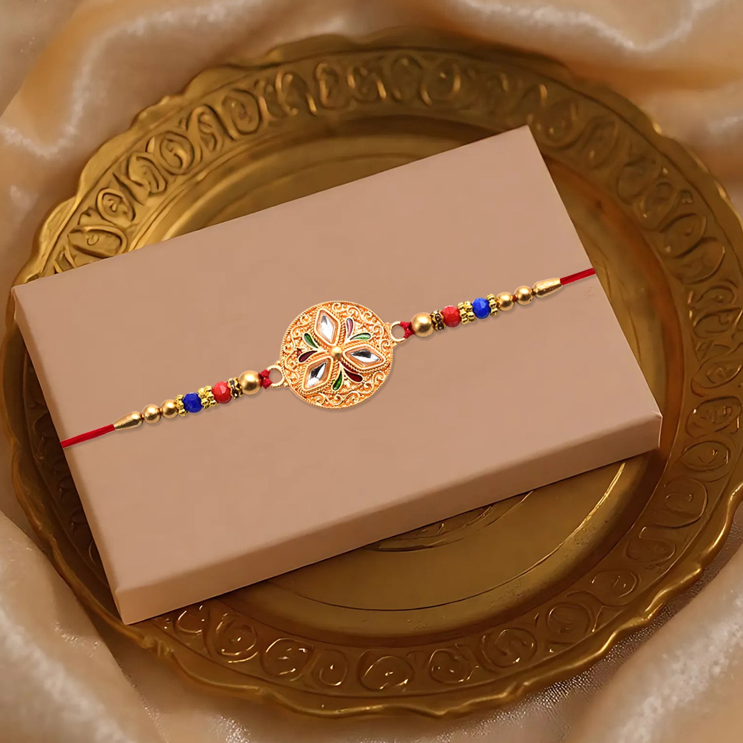 Elegant Meenakari Floral Rakhi With Colorful Beads Golden Detailing