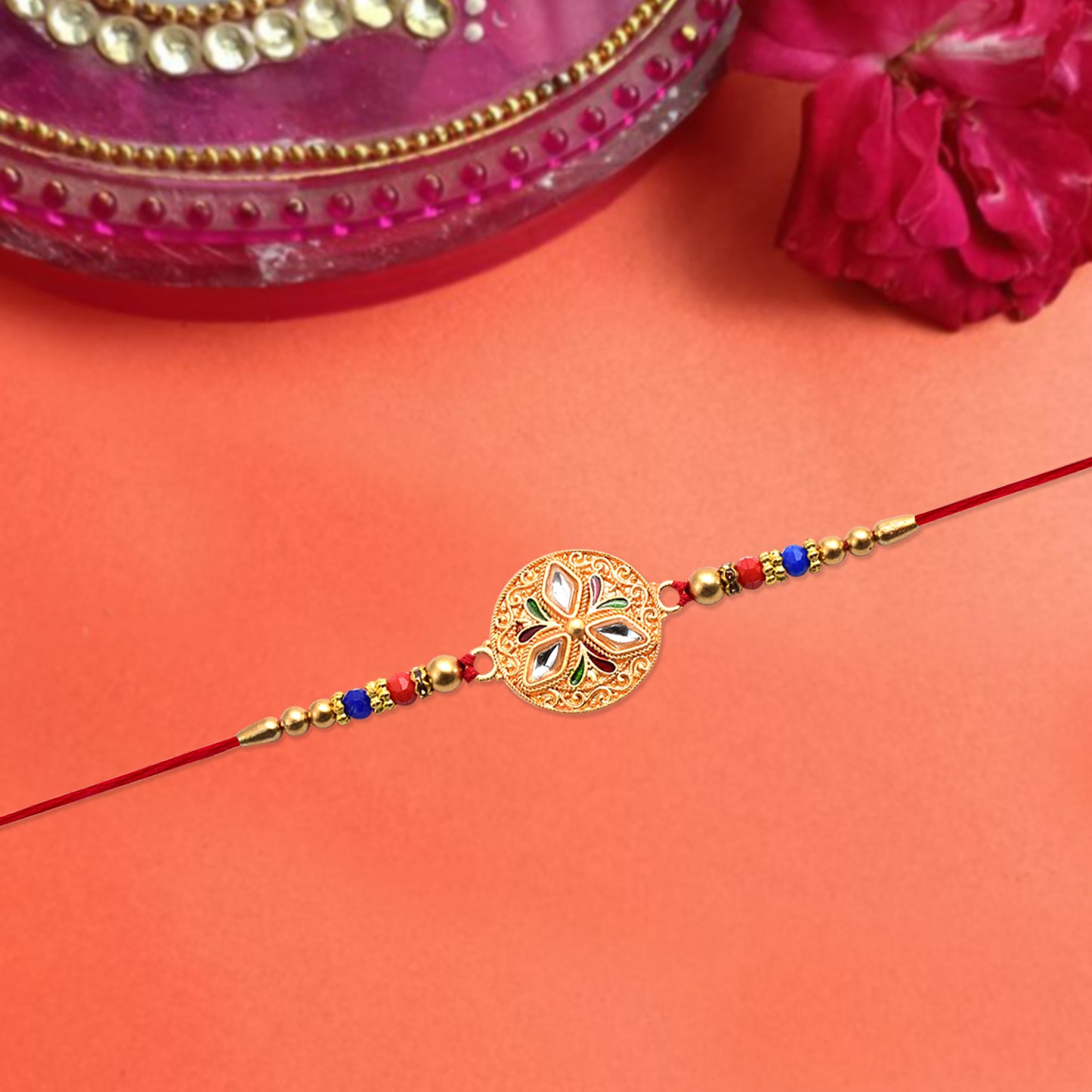 Elegant Meenakari Floral Rakhi With Colorful Beads Golden Detailing