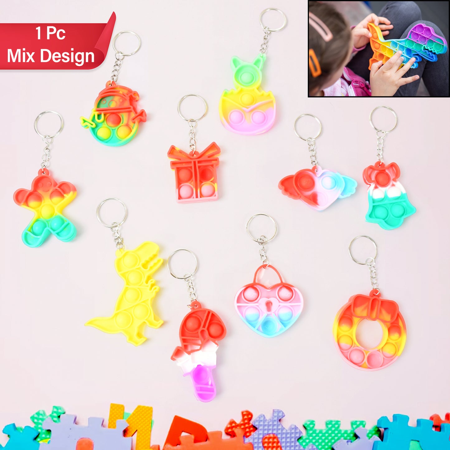 17693 Compact Silicone Pop It Keychain Toy - Birthday Return Gift Of Kids - Portable Bubble Popping Fun Stress Relief Fidget Toy (Mix Design 1 Pc)