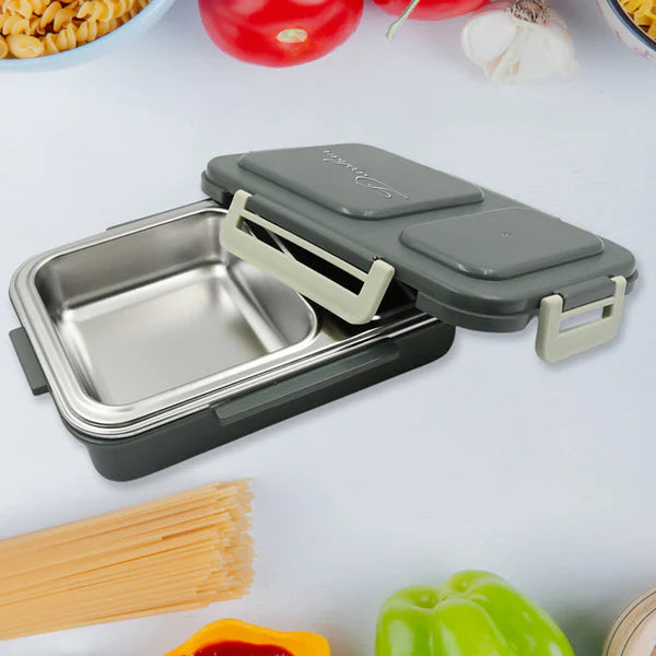 5583 Miracle Quick Lock Leak Proof 2 Compartment Stainless Steel Lunch Box Inner Plate Reusable Microwave Freezer Safe Lunch Box Trendy Thermal Insulation Leak Proof For Office Vacuum Tiffin Box For Boys Girls School Office Women And Men