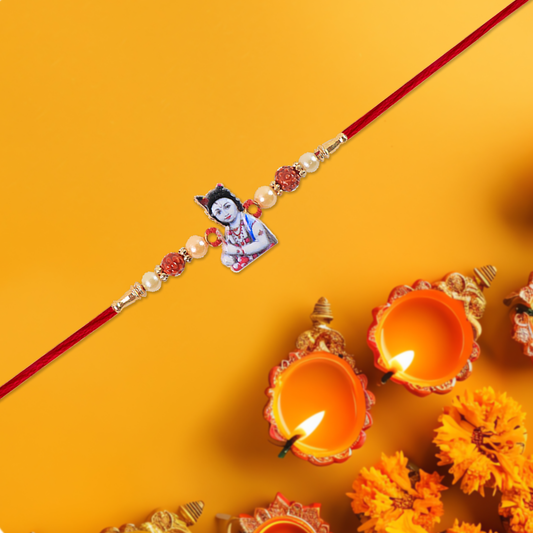 Elegant Krishna Rudraksha Rakhi With Pearls Red Mauli Thread