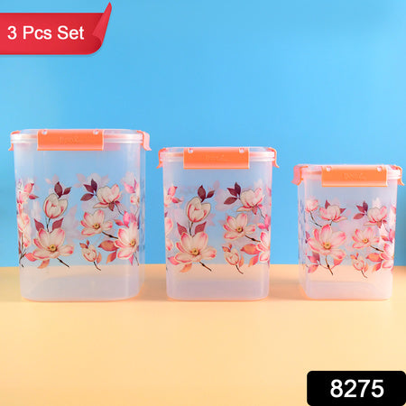 Square 3 Pcs Floral Printed Airtight Storage Container Set Approx 2.8 Ltr 4.5 Ltr 6.9 Ltr (3 Pcs Set)