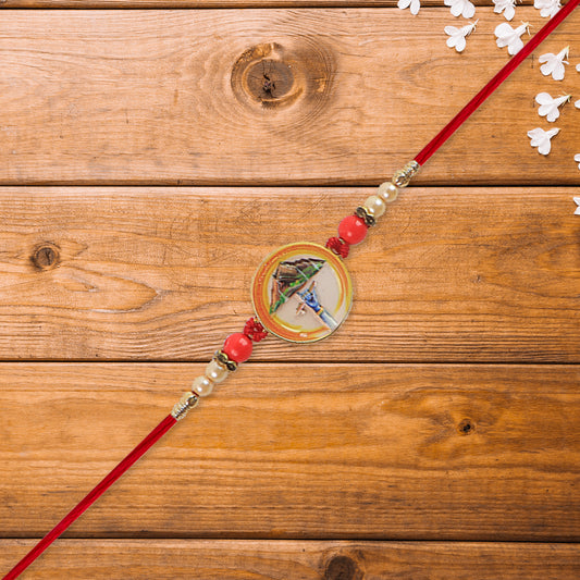 Divine Krishna Govardhan Parvat Rakhi With Pearl  Mauli Thread