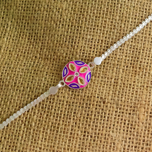 1 Pc Rakhi With Silver Finish Chain  Designer Bracelet Rakhi