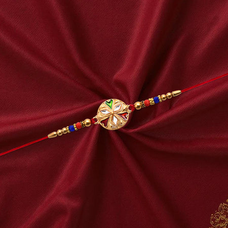 Designer Floral Rakhi With Mirror Work Colorful Beads On Red Thread