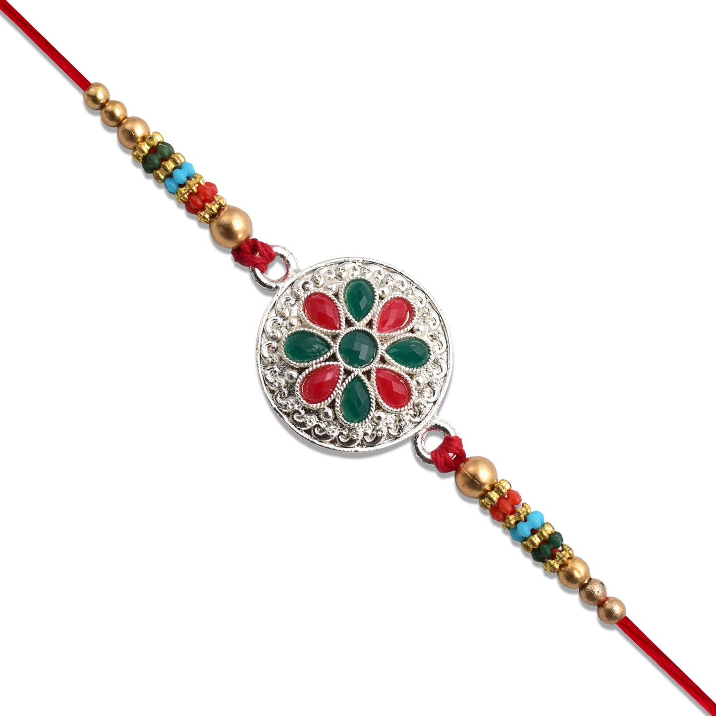 Silver Plated Floral Rakhi With Red Green Stones
