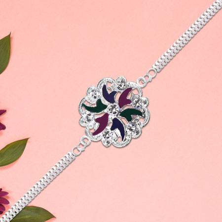 Silver Floral Rakhi With Multicolor Enamel Chain Band
