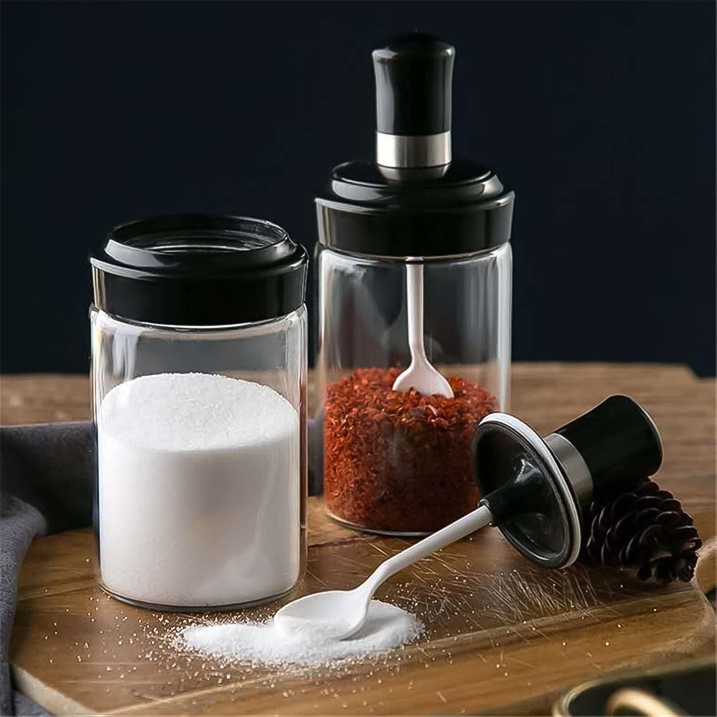 Clear Glass Spice Jar With Integrated Spoon Airtight Lid (250ml Approx)