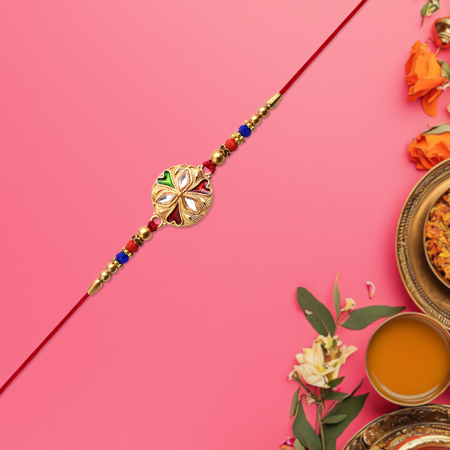 Designer Floral Rakhi With Mirror Work Colorful Beads On Red Thread