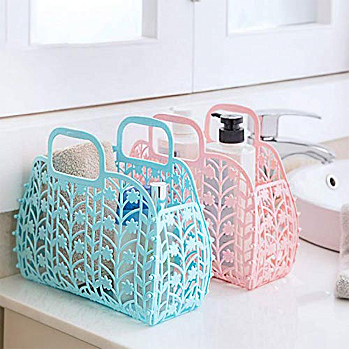 Plastic Foldable Basket Bag Fruit Vegetable Storage Basket (3 Pcs Set Multicolor)