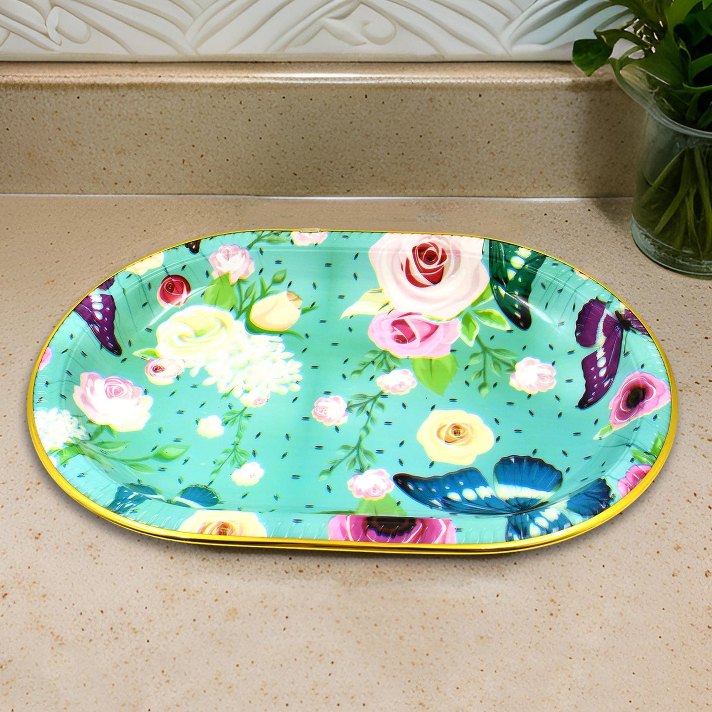 Plastic Flower Printed Design Serving Tray (3 Pcs Set Mix Color)