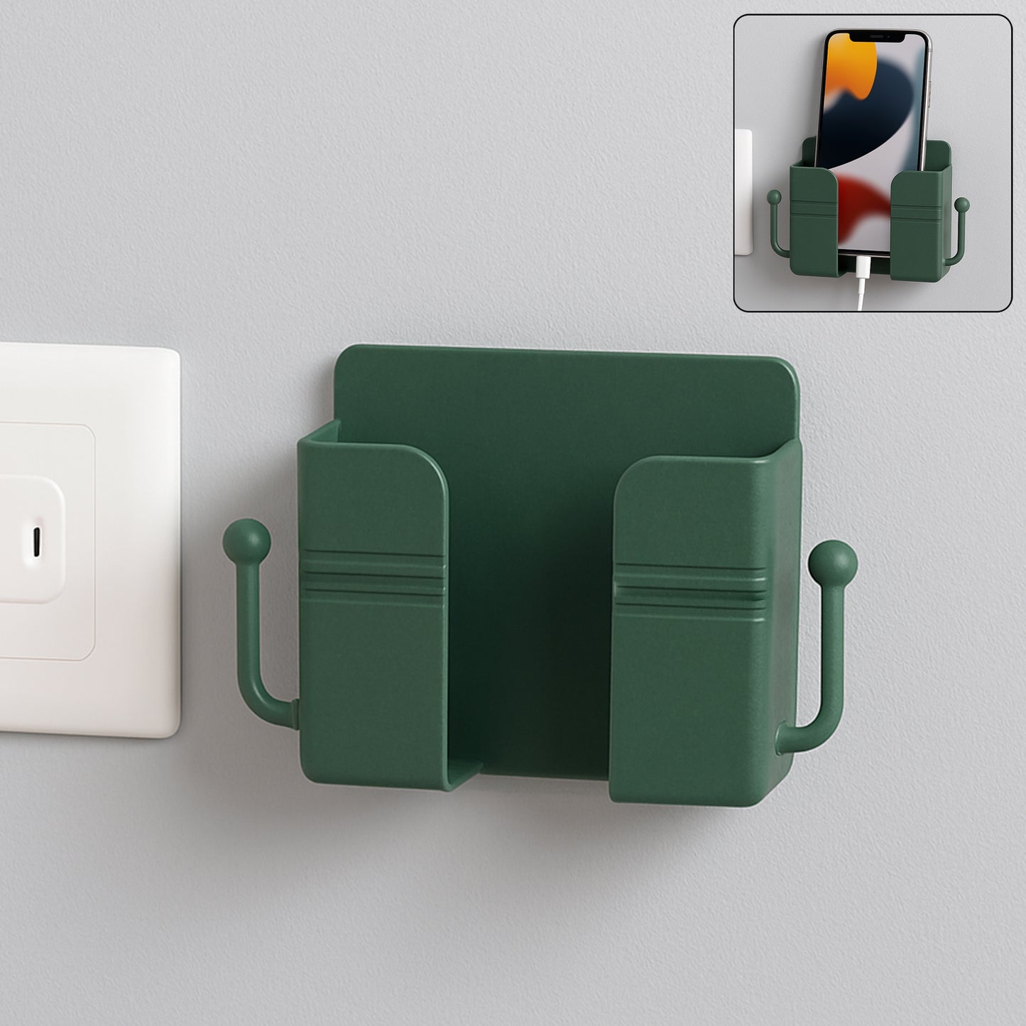 Wall-mounted Mobile Charging Holder With Dual Hooks (1 Pc)