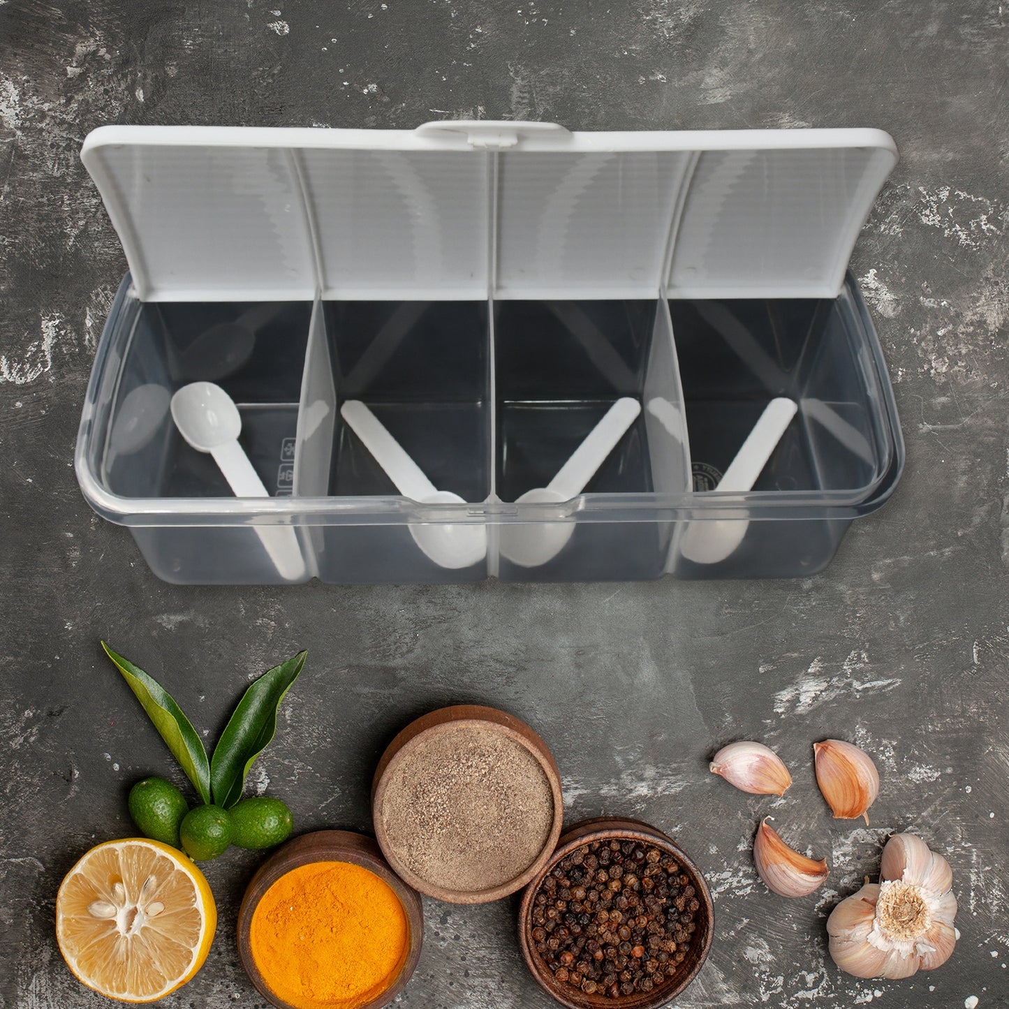 8263 Kitchen Multipurpose Air-tight 4 Sections Storage Containers Masala Boxpickle (Achar) Jar With 4 Spoon For Each Section (1 Pc Mix Color)