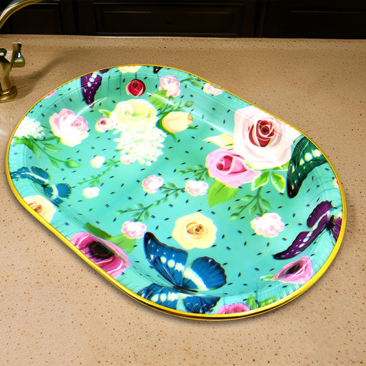 Plastic Flower Printed Design Serving Tray (3 Pcs Set Mix Color)