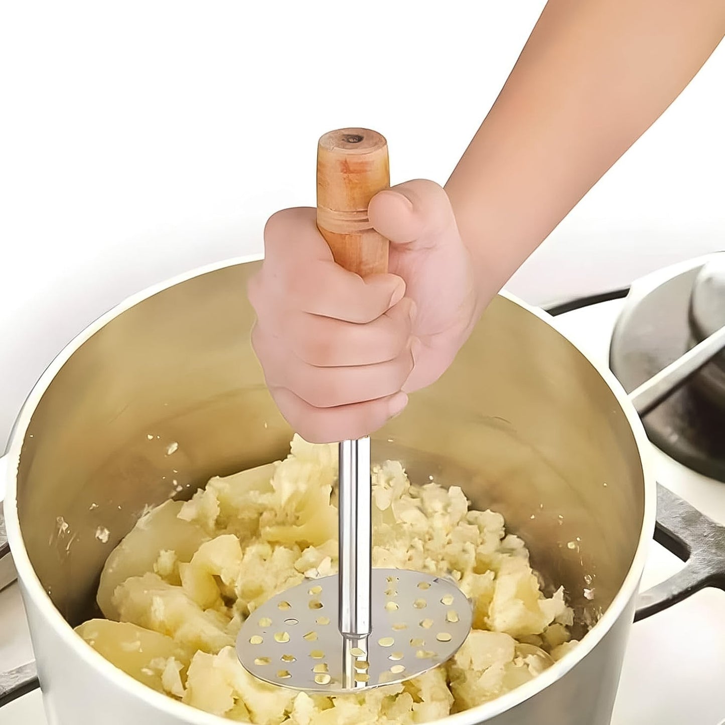 High Grade Stainless Steel Potato Masher Paubhaji Pav Bhaji Masher With Wooden Handle (1 Pc)