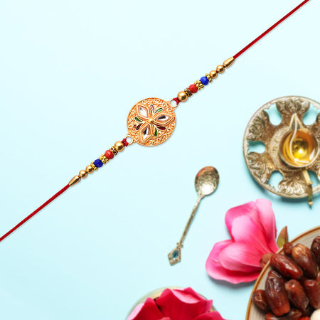 Elegant Meenakari Floral Rakhi With Colorful Beads Golden Detailing