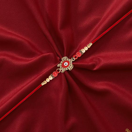 Golden Turtle Design Rakhi With Red Beads Traditional Mauli Thread