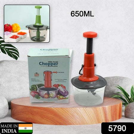 5790 Manual Press Fruit Vegetable Chopper With 3 Stainless Steel Blades Anti-slip Base And Locking System Cutting Chopper For Kitchen (650 Ml)