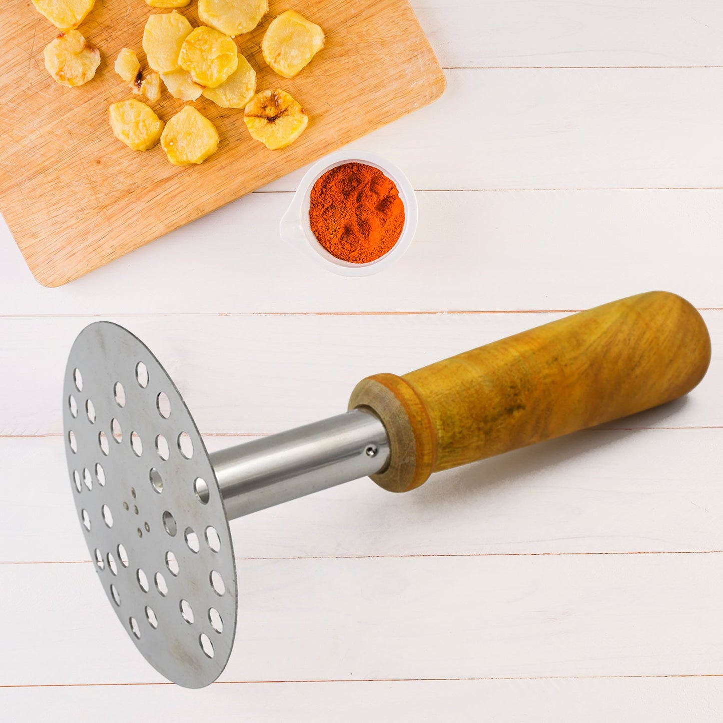 High Grade Stainless Steel Potato Masher Paubhaji Pav Bhaji Masher With Wooden Handle (1 Pc)