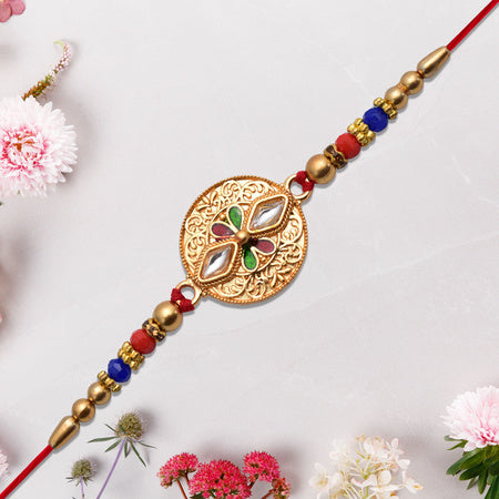 Antique Finish Rakhi With Meenakari Kundan Work