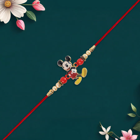 Adorable Mickey Mouse Kids Rakhi With Pearls Golden Beads On Red Thread