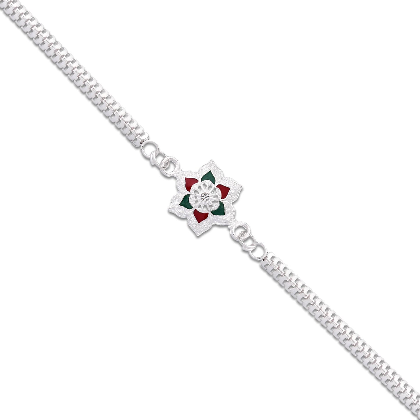 Silver Lotus Rakhi With Red-green Enamel Chain Strap