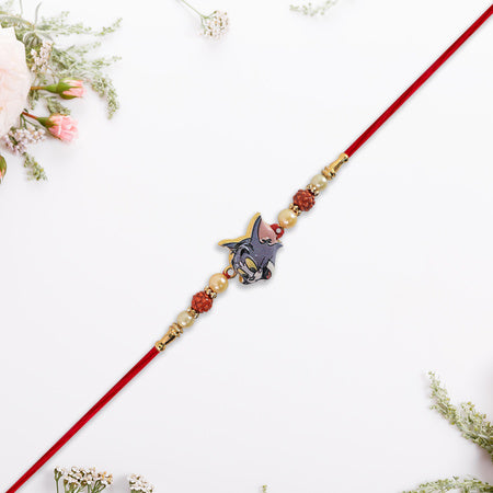 Cute Tom Character Rakhi With Rudraksha Pearl Beads On Red Thread