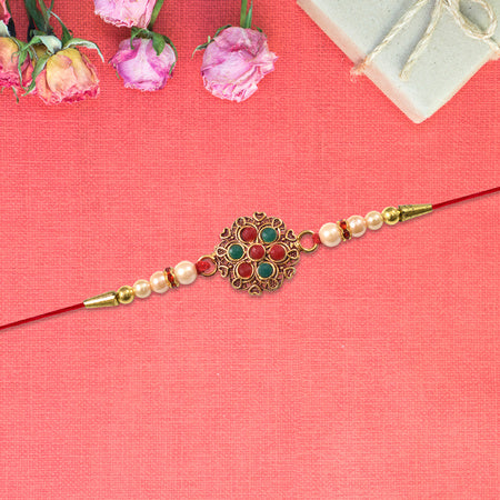 Traditional Designer Rakhi With Beaded Work And Floral Meenakari Centerpiece