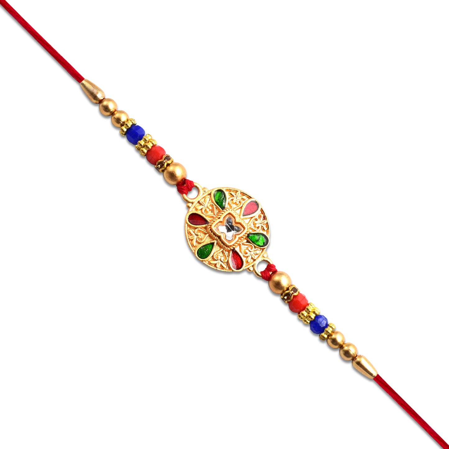 Traditional Circular Meenakari Rakhi With Multicolor Enamel Kundan Stone Gold Beads