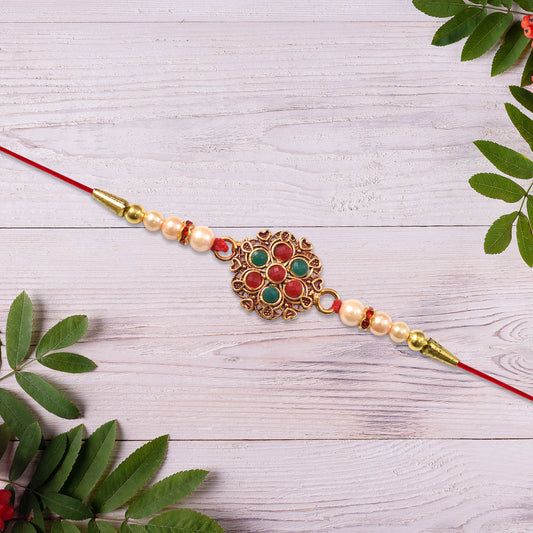 Traditional Designer Rakhi With Beaded Work And Floral Meenakari Centerpiece