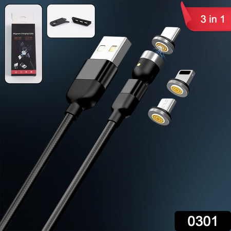 0301 3 In 1 Magnetic Usb Charging Cable Usb-c Android And Lightning With Extra Protecting Nylon Strong Magnetic Cable With Full Rotation Support Fast Charging