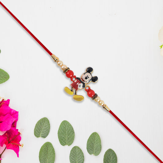 Adorable Mickey Mouse Kids Rakhi With Pearls Golden Beads On Red Thread