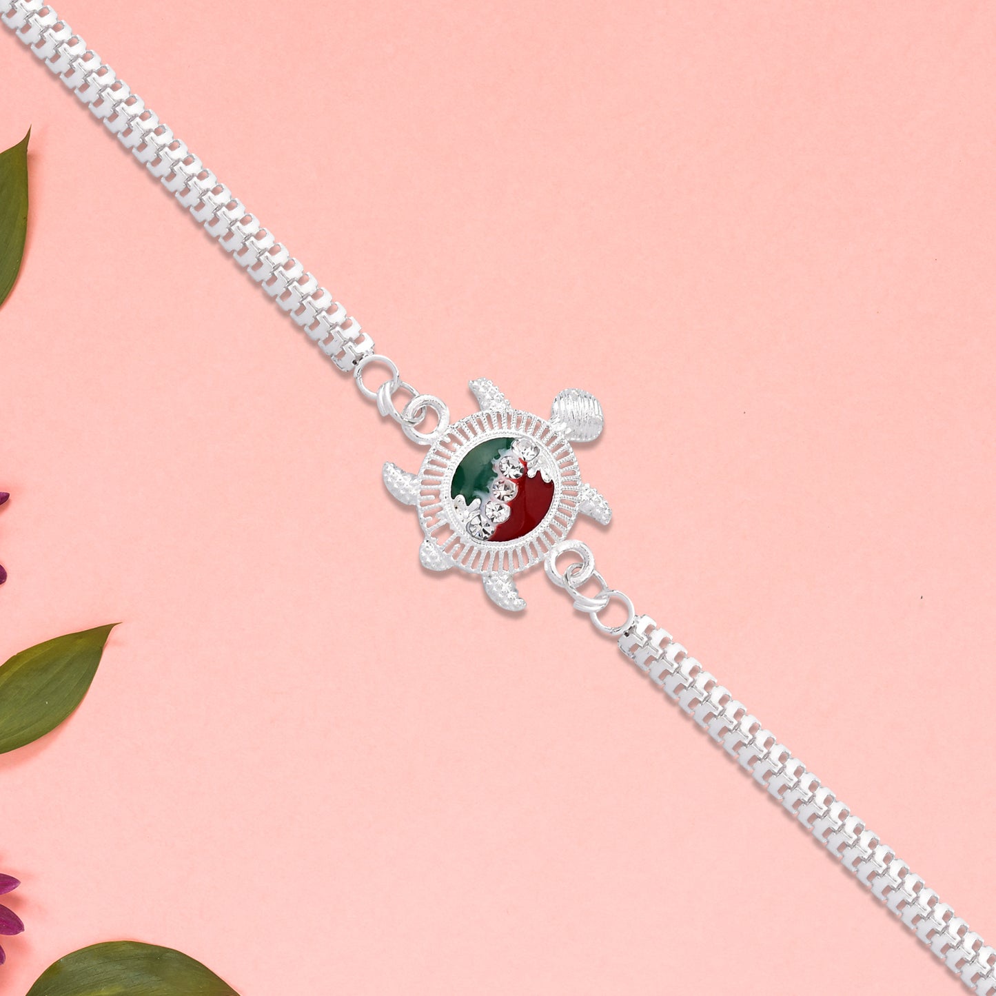 Silver Finish Rakhi With Red-green Enamel