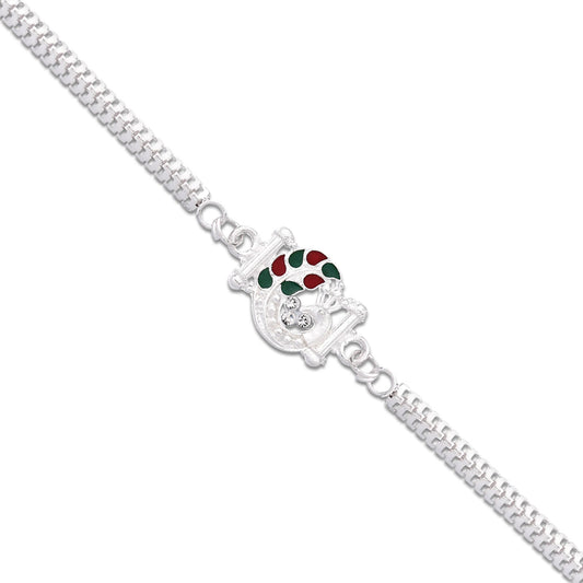 Turtle Motif Rakhi With Red-green Enamel And Silver Metal Chain