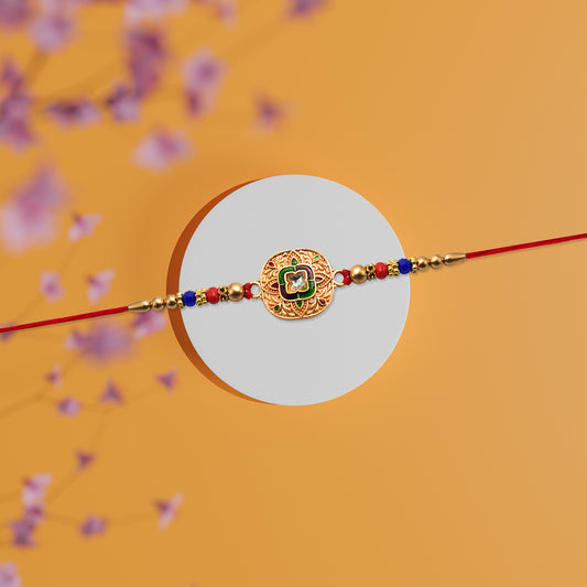 Traditional Kundan Rakhi With Antique Gold Finish  Multicolor Beads