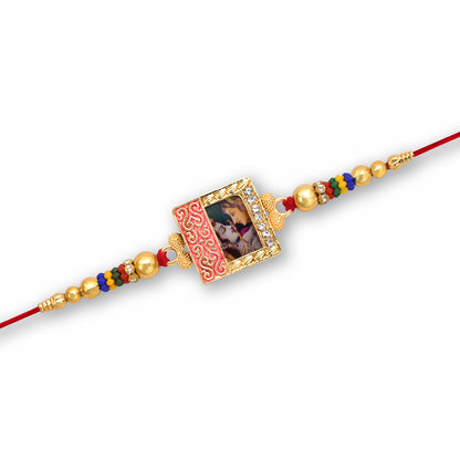 Radha Krishna Rakhi With Ornate Frame  Colorful Beads