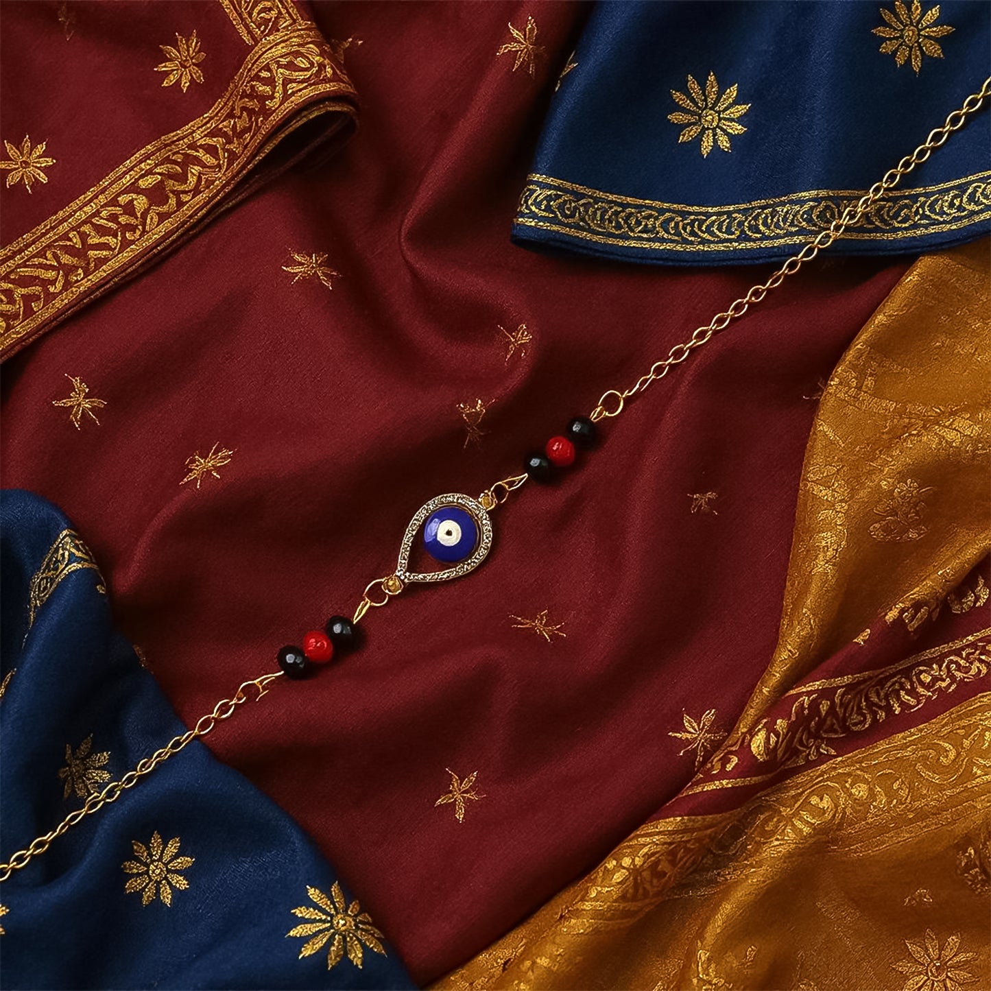 Royal Nazar Rakhi  Premium Evil Eye Protection Thread With Ornate Beads  Golden Chain