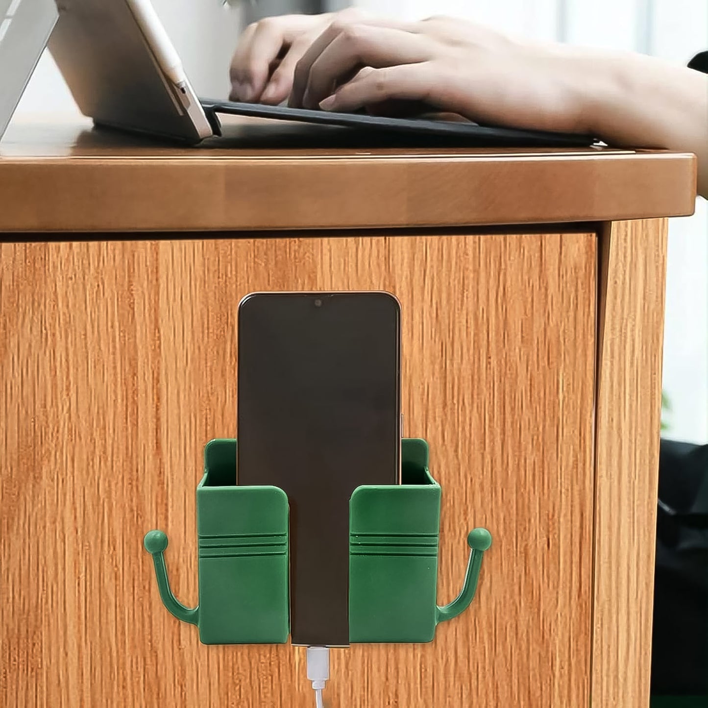 Wall-mounted Mobile Charging Holder With Dual Hooks (1 Pc)