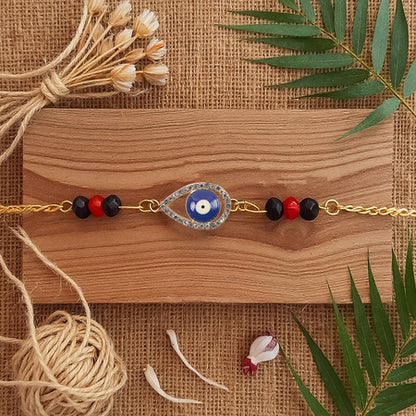 Royal Nazar Rakhi  Premium Evil Eye Protection Thread With Ornate Beads  Golden Chain