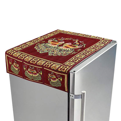 8889 Cotton Fridge Top Cover Set - Standard Appliance Covers Fridge Dustproof Cover With Peacock Deign 6 Utility Side Pockets Fridge Cover For All Types Fridge Refrigerator Use (100x60cm)