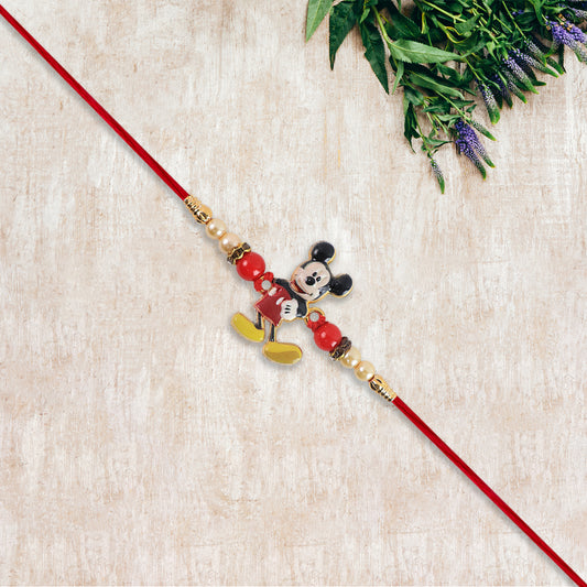 Adorable Mickey Mouse Kids Rakhi With Pearls  Golden Beads On Red Thread