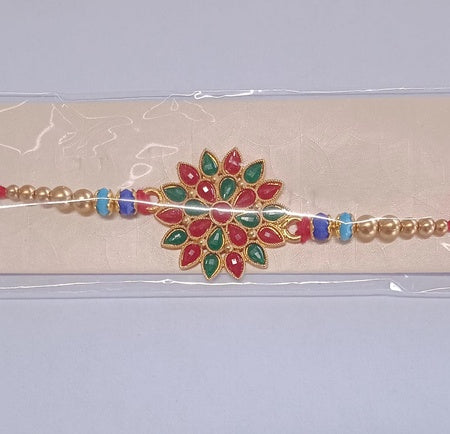 Elegant Floral Rakhi With Red-green Enamel Work And Metal Chain
