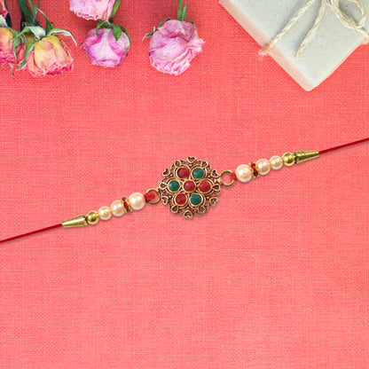 Traditional Designer Rakhi With Beaded Work And Floral Meenakari Centerpiece