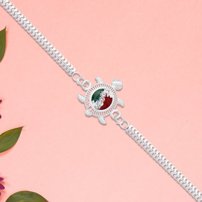 Silver Finish  Rakhi With Red-green Enamel